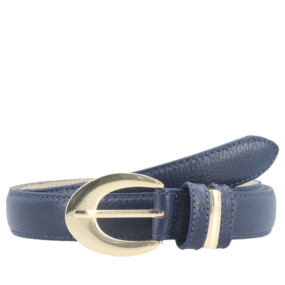 Cinto Feminino de Couro com Fivela Oval Metalizada Azul escuro