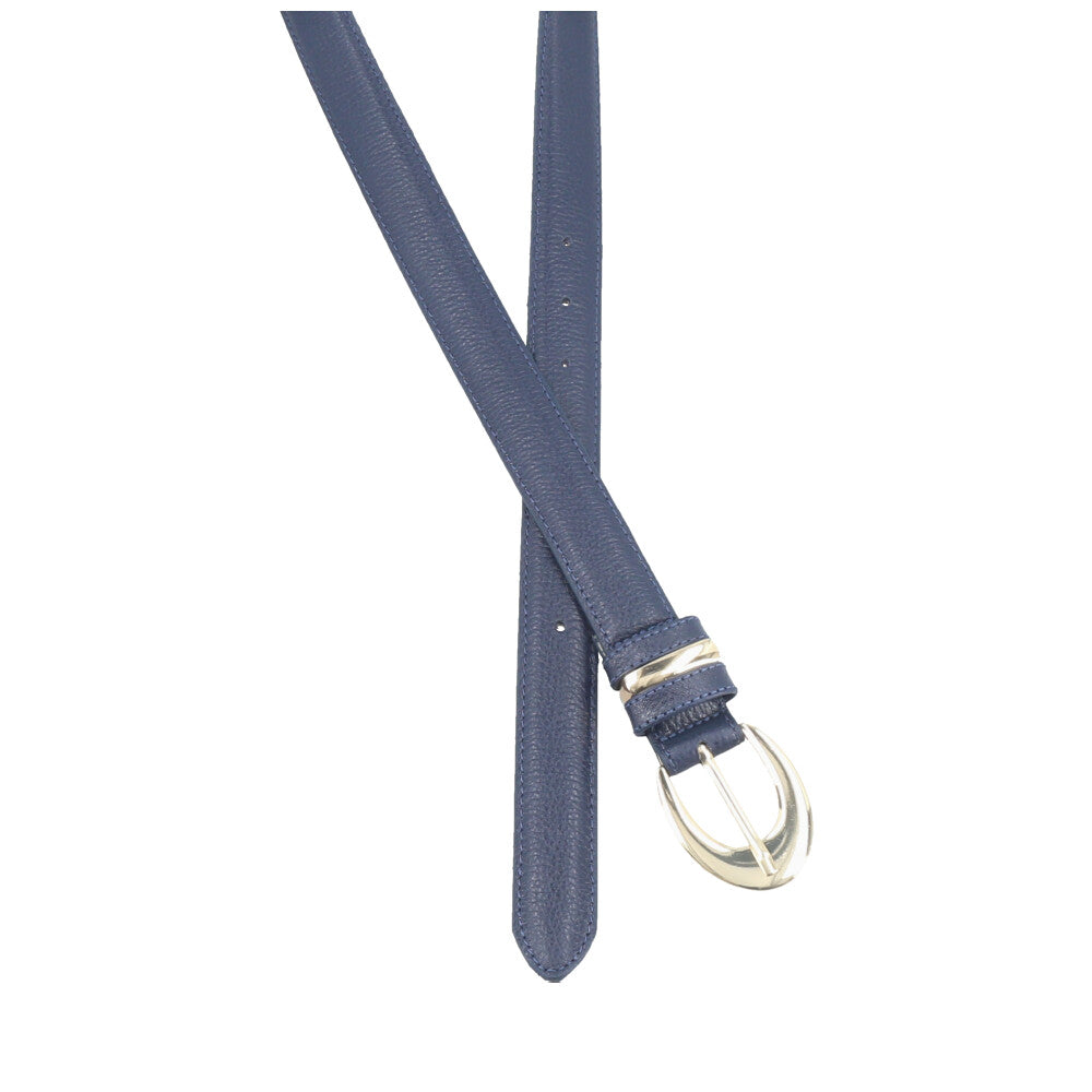 Cinto Feminino de Couro com Fivela Oval Metalizada Azul escuro