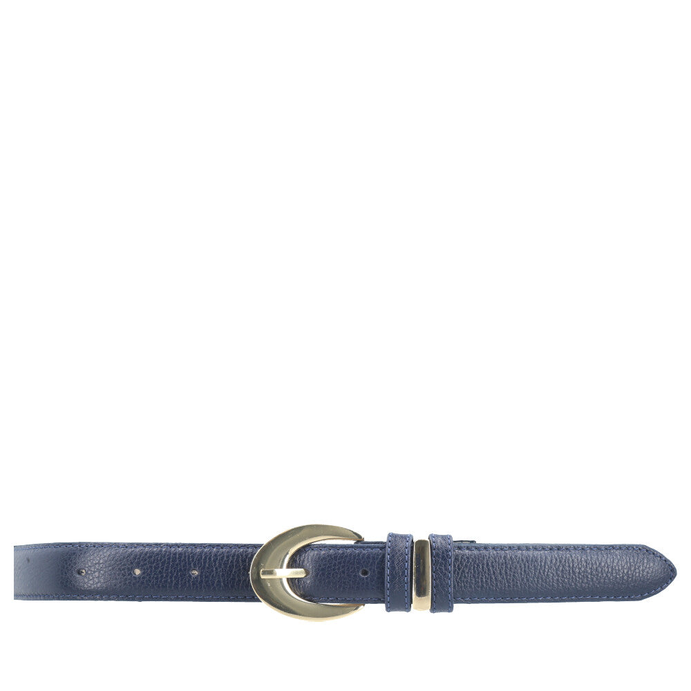 Cinto Feminino de Couro com Fivela Oval Metalizada Azul escuro