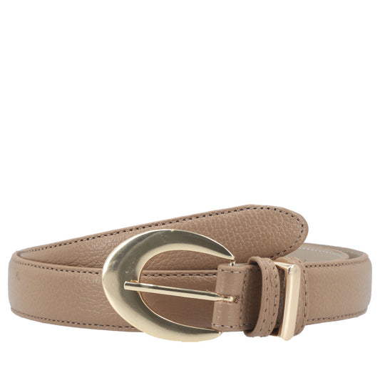 Cinto Feminino de Couro com Fivela Oval Metalizada Bege claro