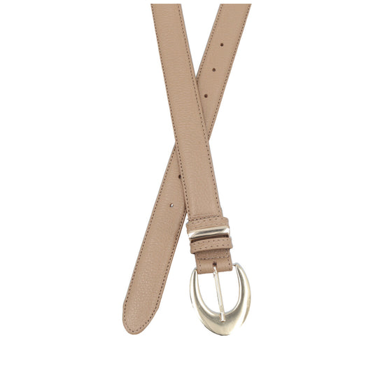 Cinto Feminino de Couro com Fivela Oval Metalizada Bege claro