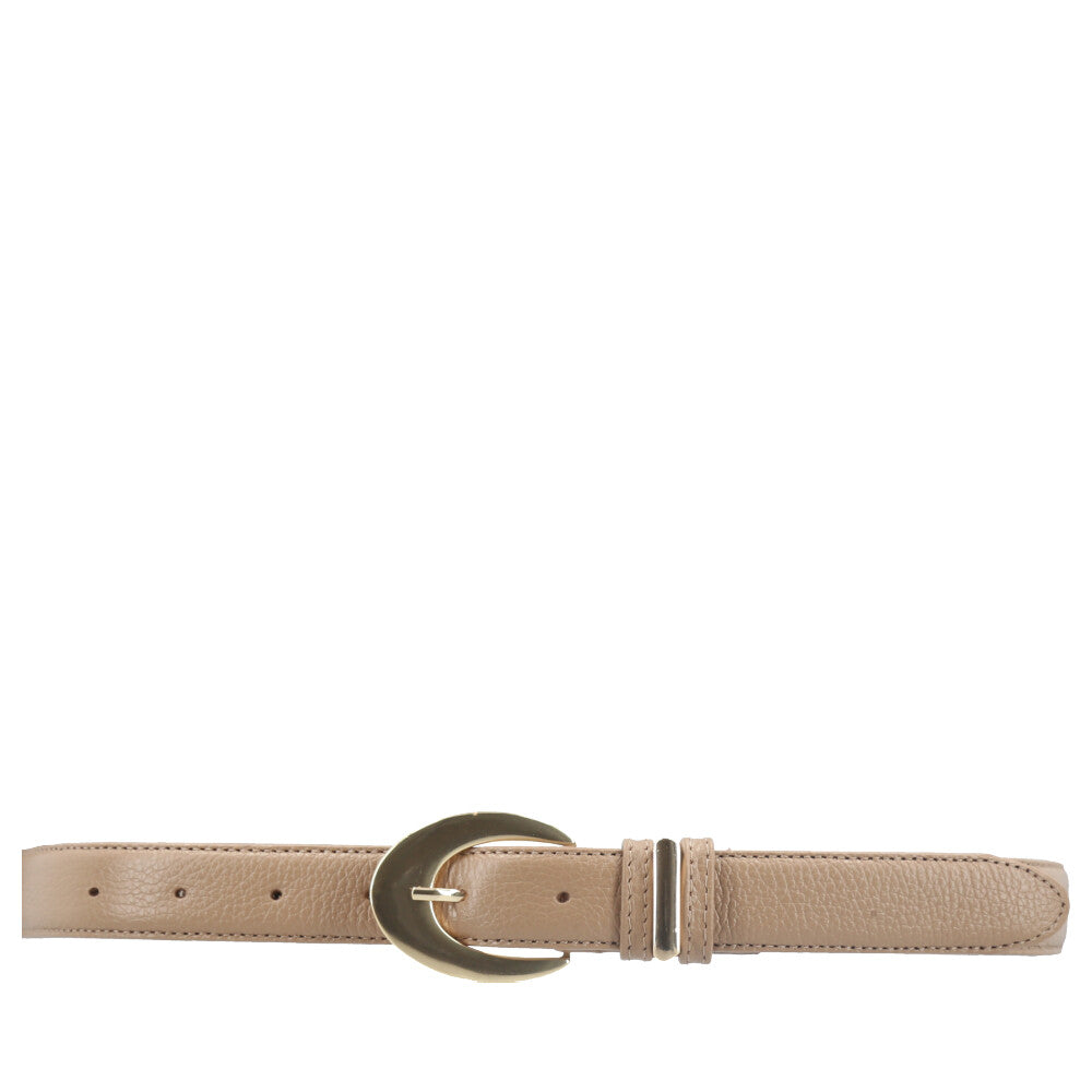 Cinto Feminino de Couro com Fivela Oval Metalizada Bege claro
