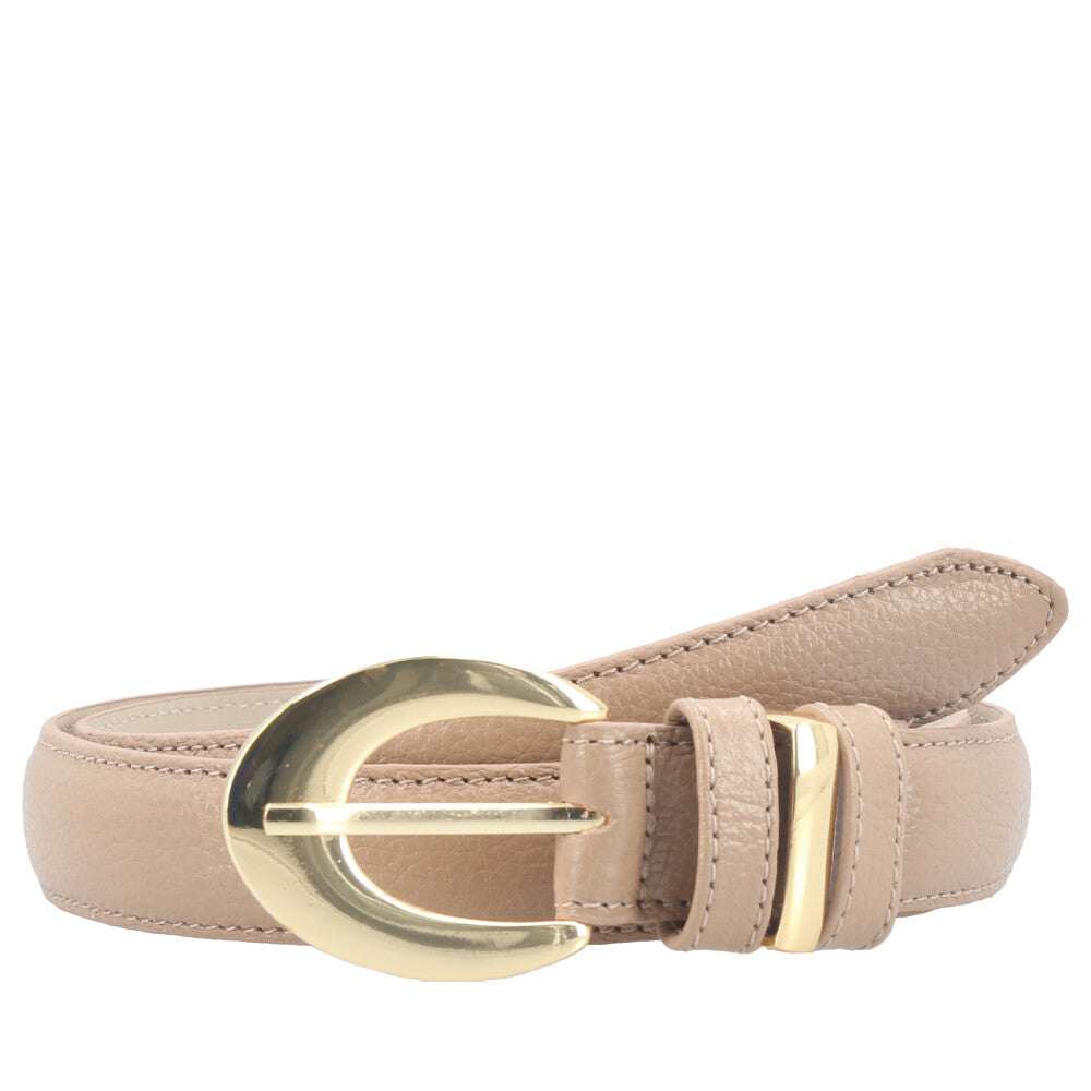 Cinto Feminino de Couro com Fivela Oval Metalizada Bege escuro
