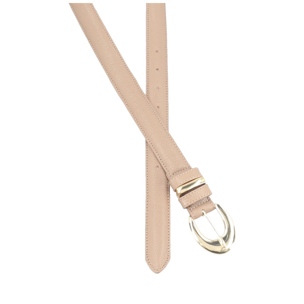 Cinto Feminino de Couro com Fivela Oval Metalizada Bege escuro