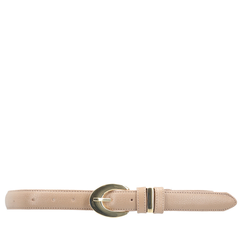 Cinto Feminino de Couro com Fivela Oval Metalizada Bege escuro