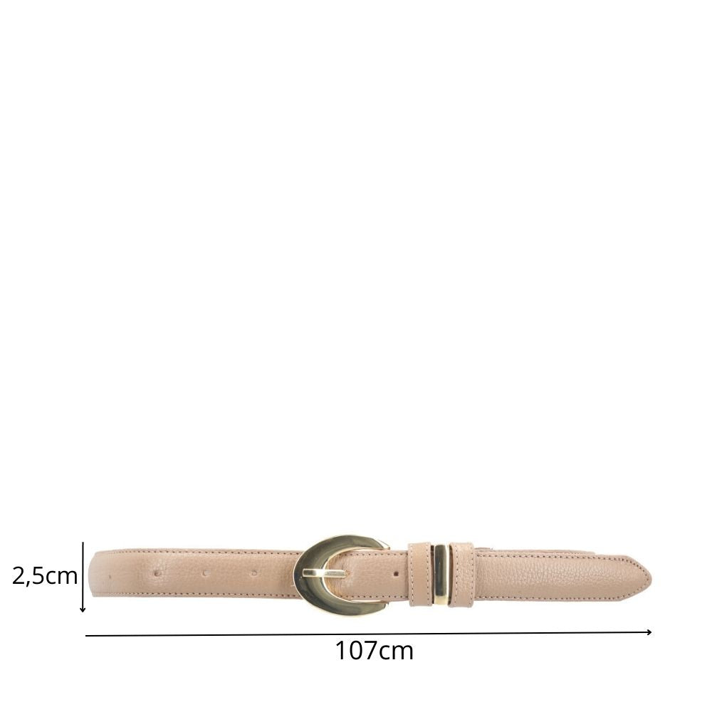 Cinto Feminino de Couro com Fivela Oval Metalizada Bege escuro