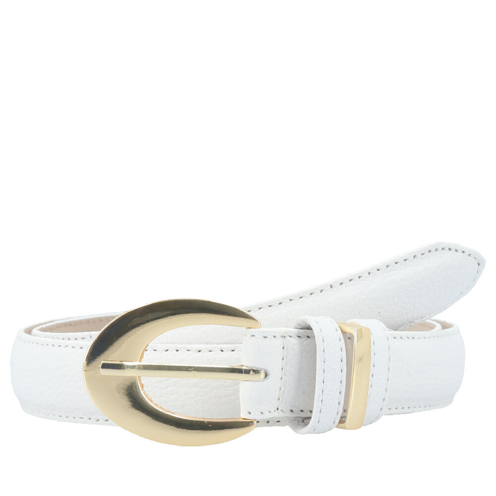 Cinto Feminino de Couro com Fivela Oval Metalizada Branco