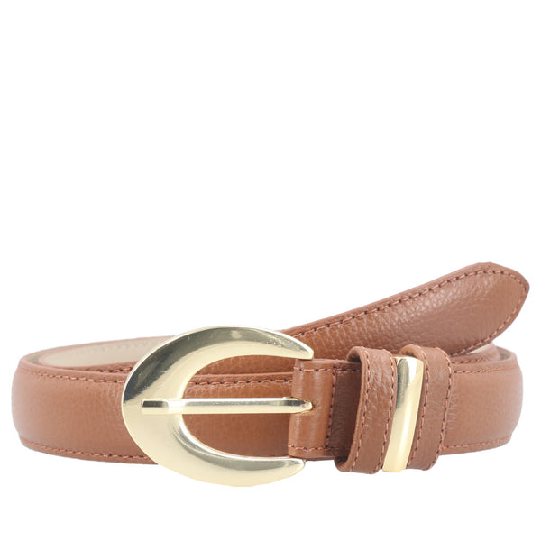 Cinto Feminino de Couro com Fivela Oval Metalizada Caramelo