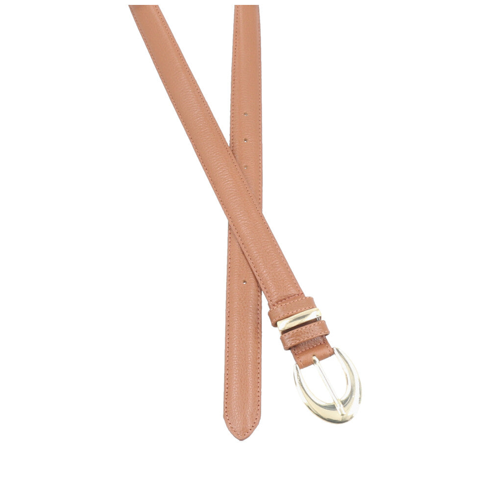 Cinto Feminino de Couro com Fivela Oval Metalizada Caramelo