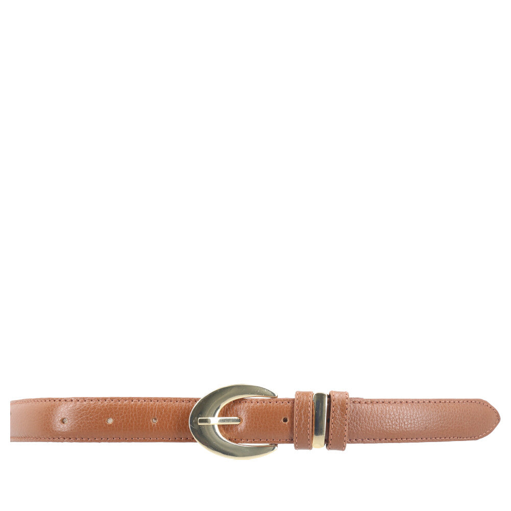 Cinto Feminino de Couro com Fivela Oval Metalizada Caramelo