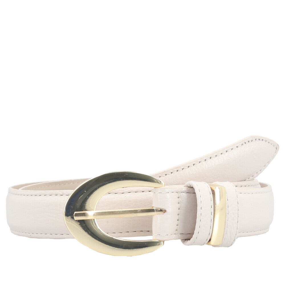 Cinto Feminino de Couro com Fivela Oval Metalizada Marfim