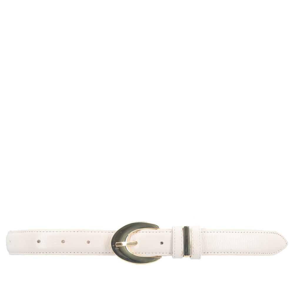 Cinto Feminino de Couro com Fivela Oval Metalizada Marfim