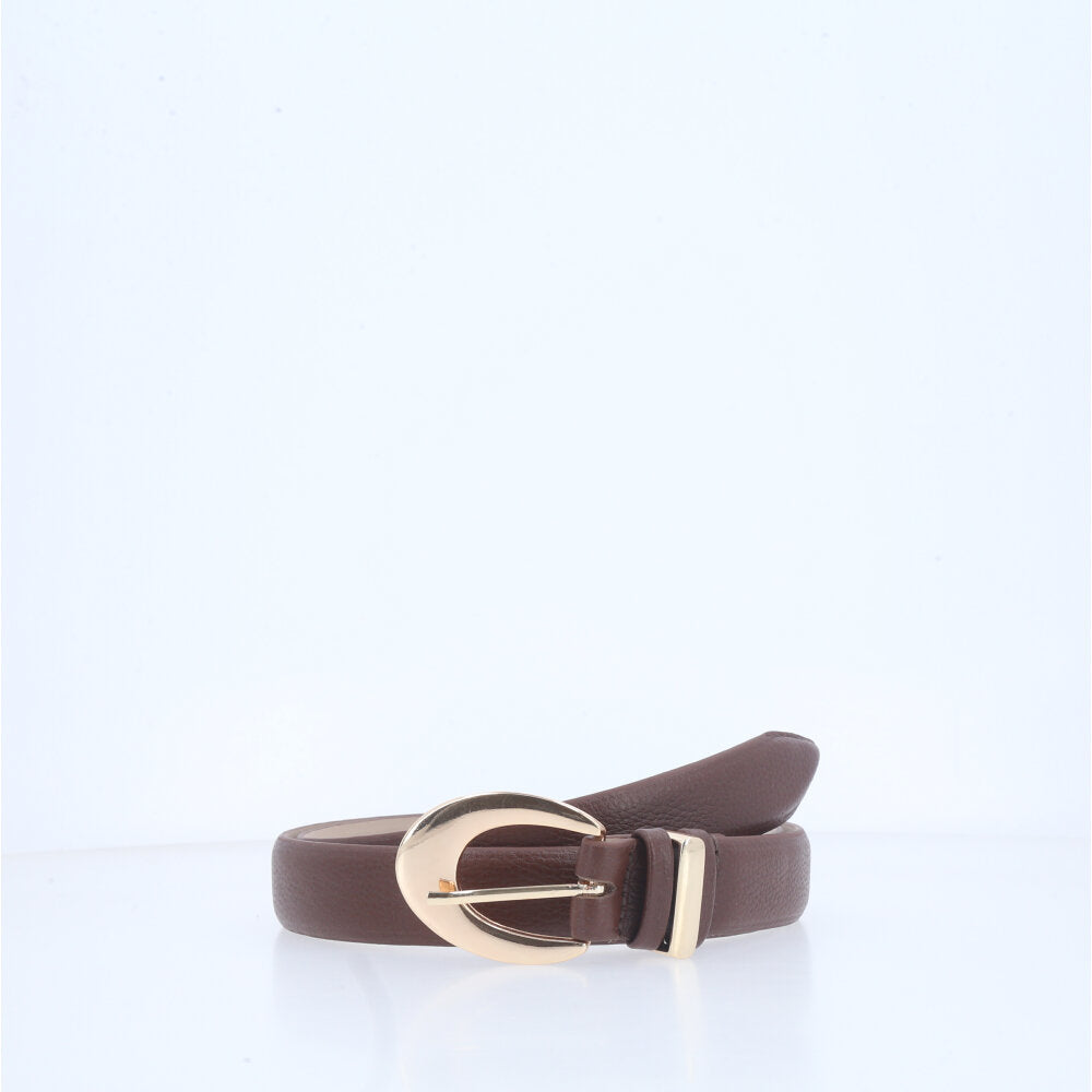 Cinto Feminino de Couro com Fivela Oval Metalizada Marrom escuro