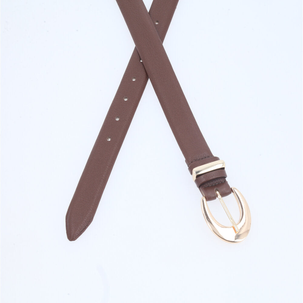 Cinto Feminino de Couro com Fivela Oval Metalizada Marrom escuro