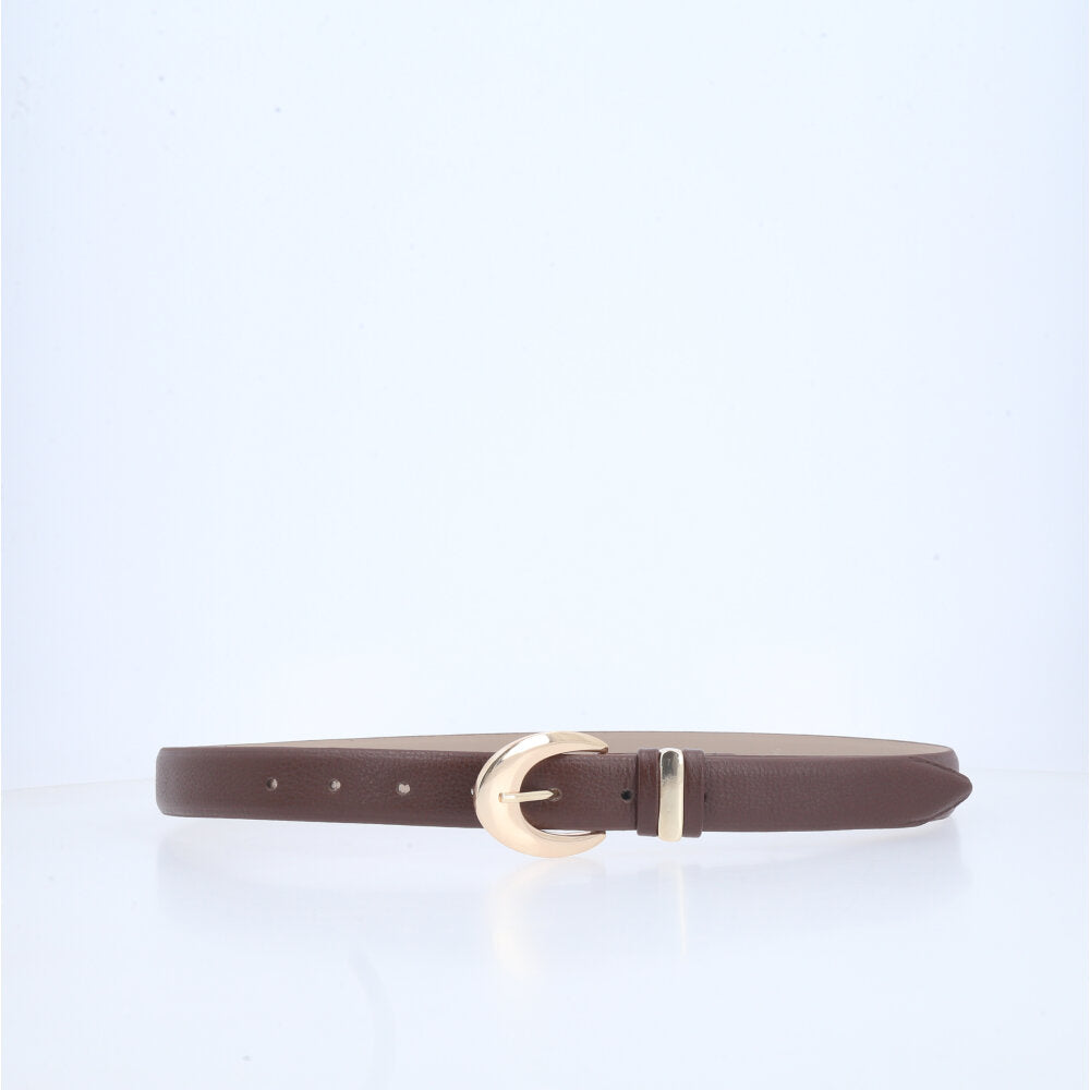Cinto Feminino de Couro com Fivela Oval Metalizada Marrom escuro