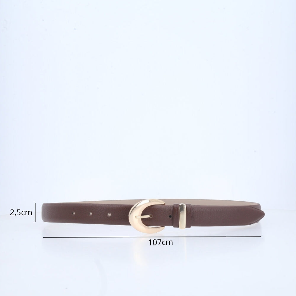 Cinto Feminino de Couro com Fivela Oval Metalizada Marrom escuro