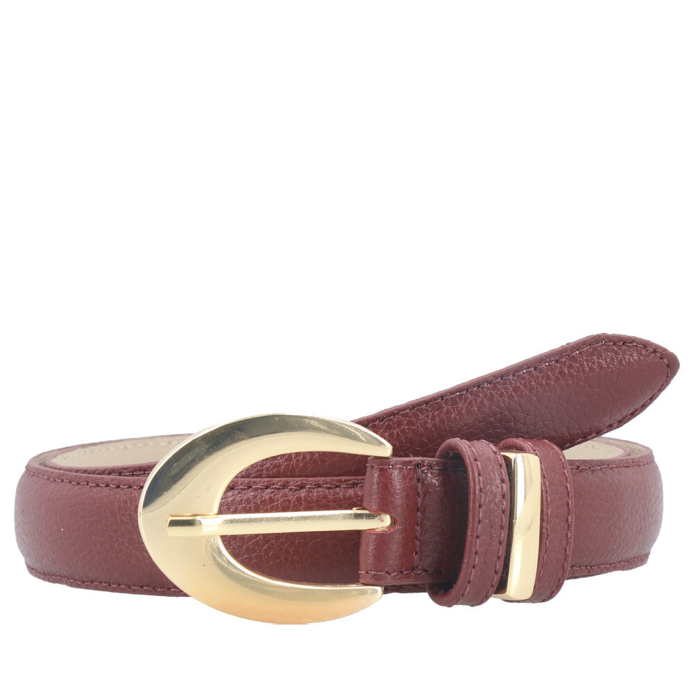 Cinto Feminino de Couro com Fivela Oval Metalizada Vinho