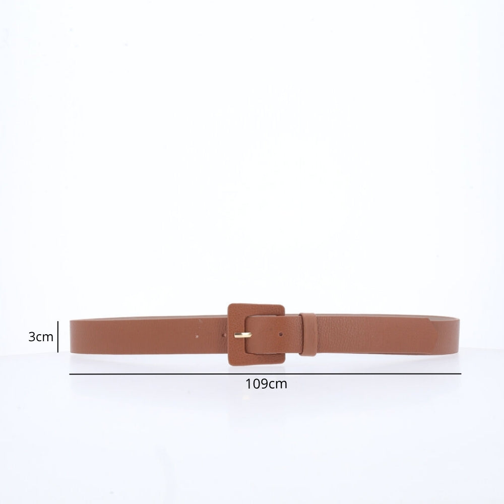 Cinto Feminino de Couro com Fivela Quadrada Encapada Caramelo