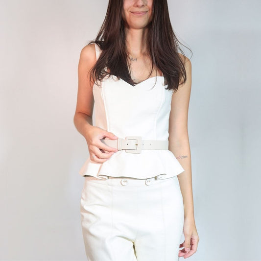 Cinto Feminino de Couro com Fivela Quadrada Encapada Marfim