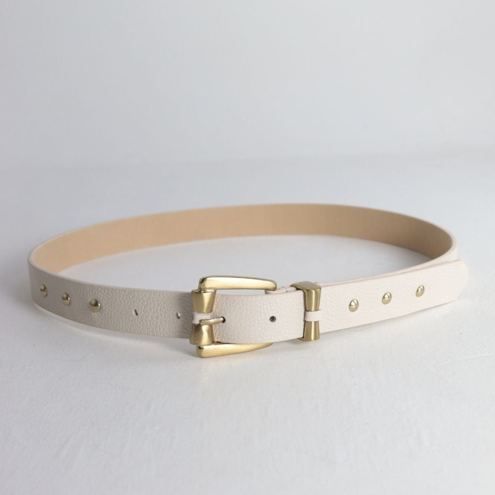 Cinto Feminino de Couro com Fivela Metalizada Dourada Marfim