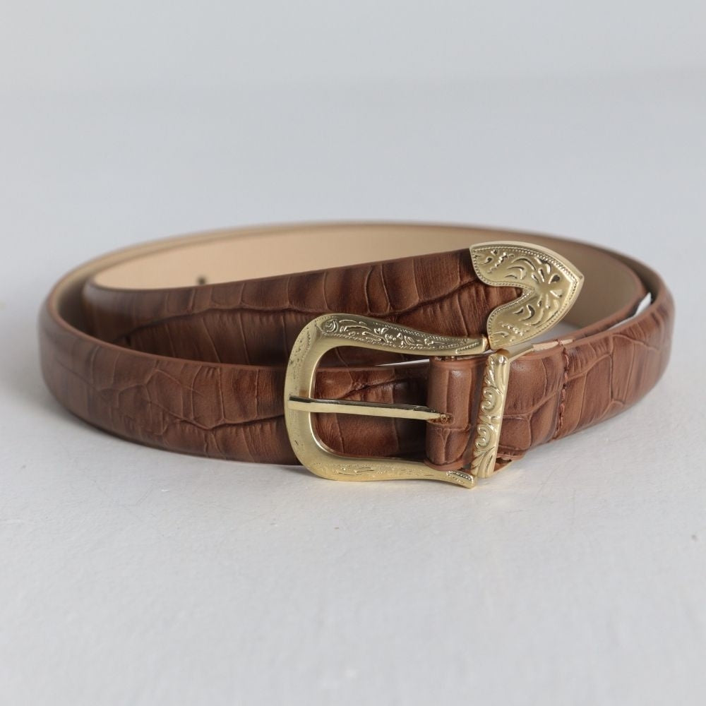 Cinto Feminino de Couro Croco Fivela Dourada Caramelo