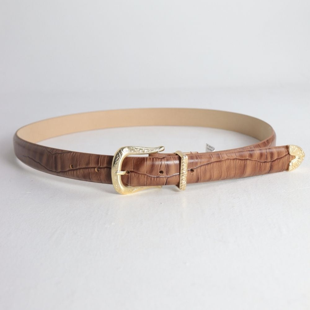 Cinto Feminino de Couro Croco Fivela Dourada Caramelo