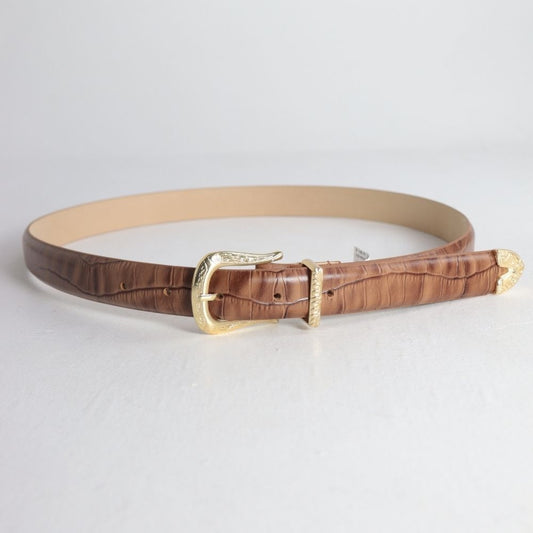 Cinto Feminino de Couro Croco Fivela Dourada Caramelo