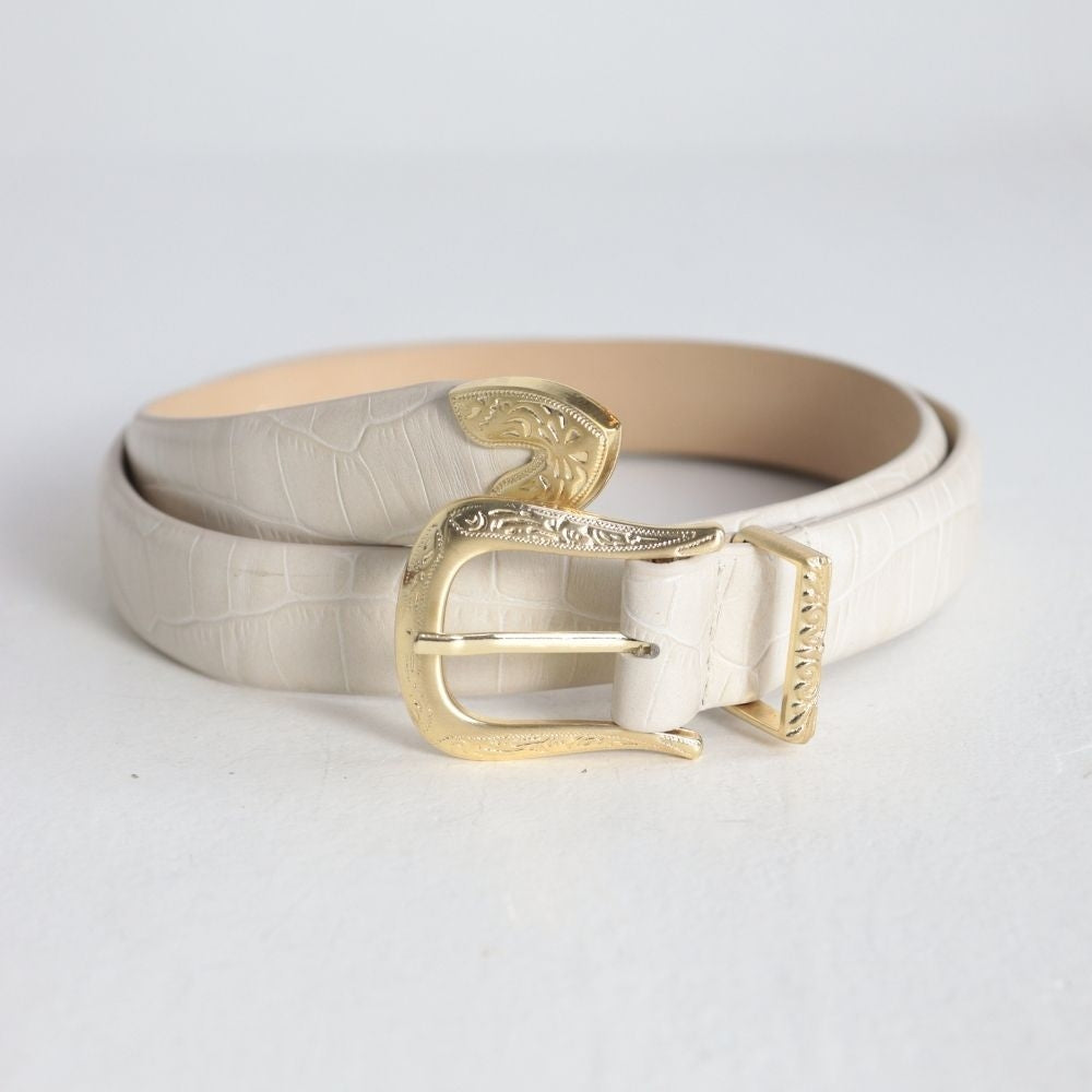 Cinto Feminino de Couro Croco Fivela Dourada Marfim