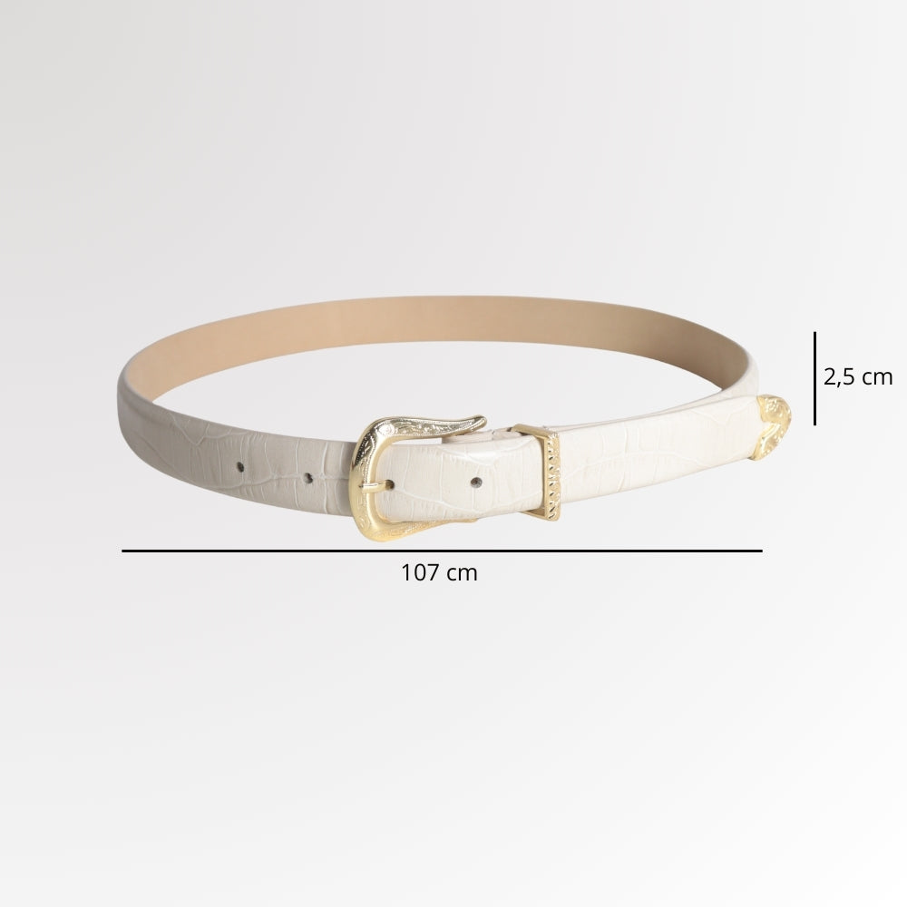 Cinto Feminino de Couro Croco Fivela Dourada Marfim