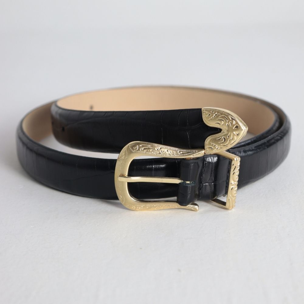 Cinto Feminino de Couro Croco Fivela Dourada Preto