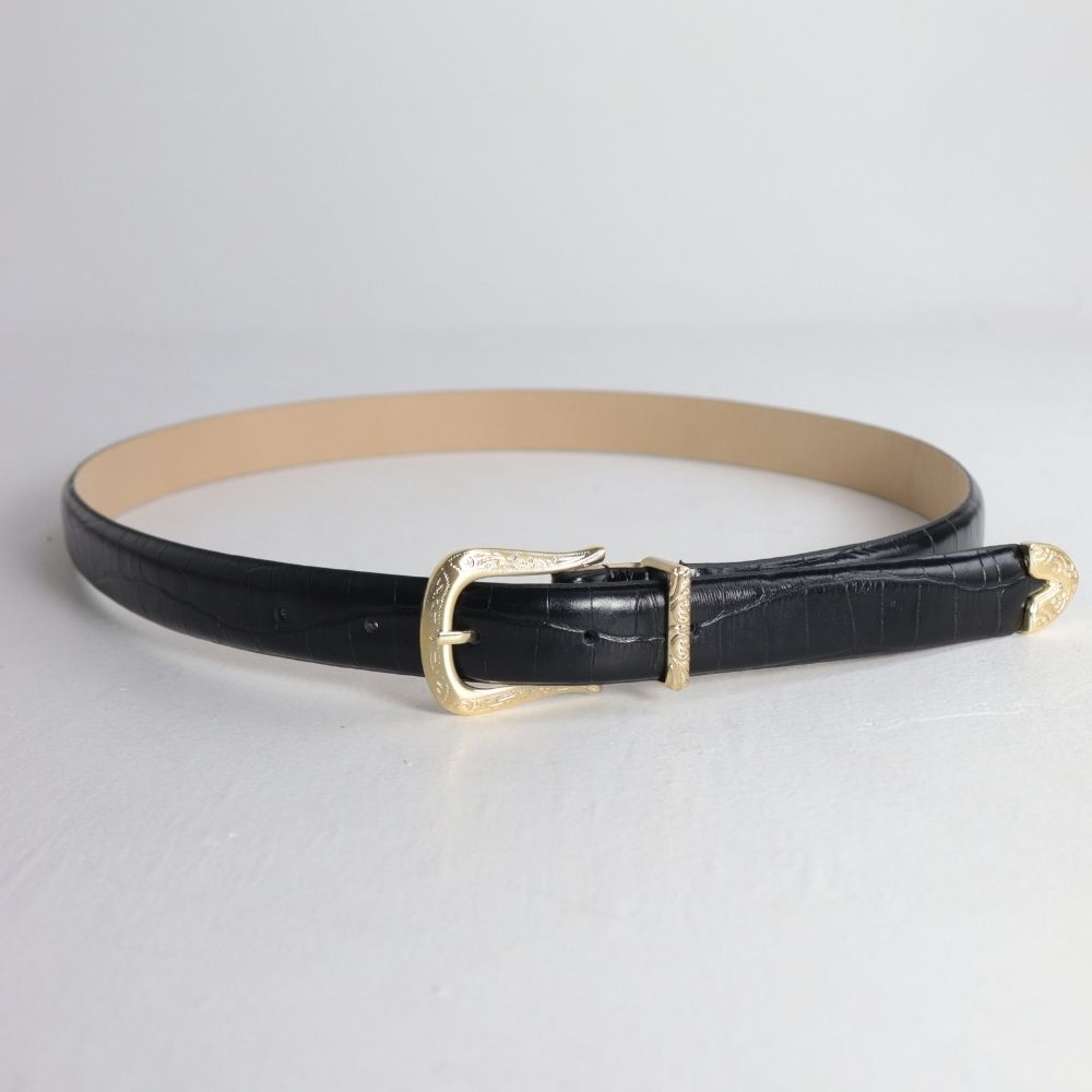 Cinto Feminino de Couro Croco Fivela Dourada Preto