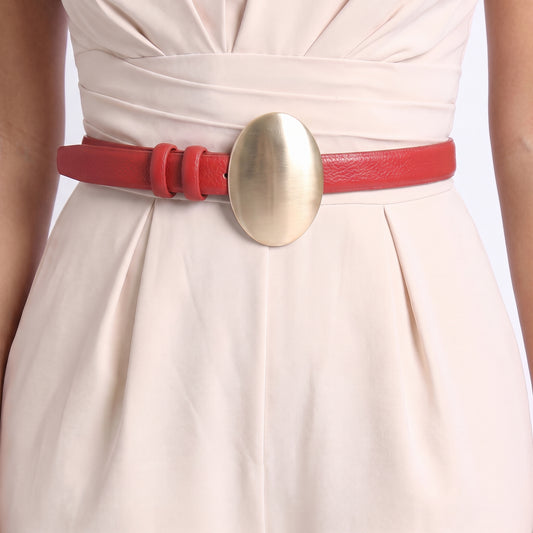 Cinto em Couro com Fivela de Metal em Formato Oval  Vermelho