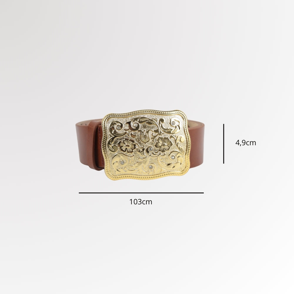 Cinto Feminino de Couro com Fivela Trabalhada Caramelo