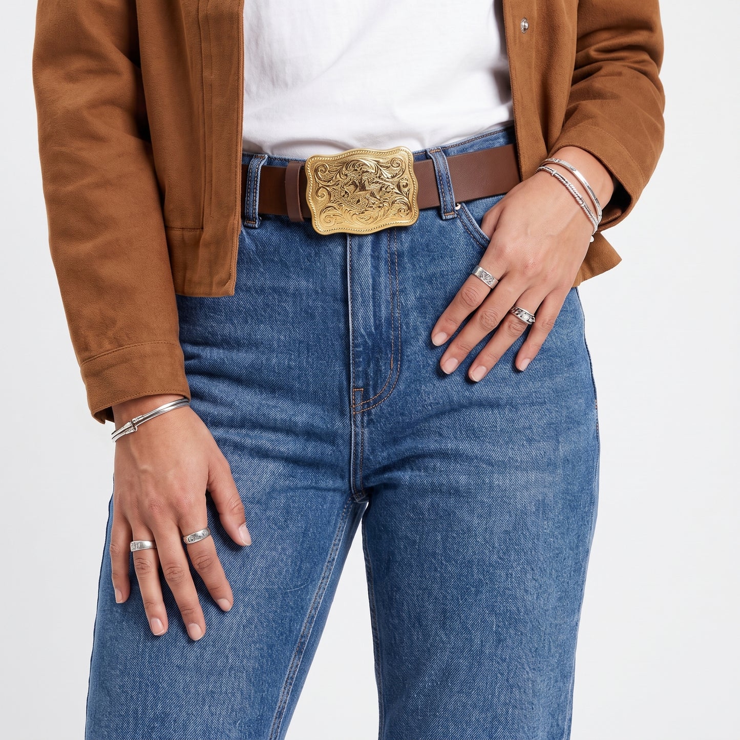 Cinto Feminino de Couro com Fivela Trabalhada Marrom