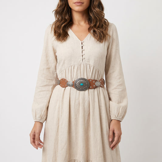 Cinto Feminino de Couro com Fivela Western Metalizada e Aplicações  Caramelo