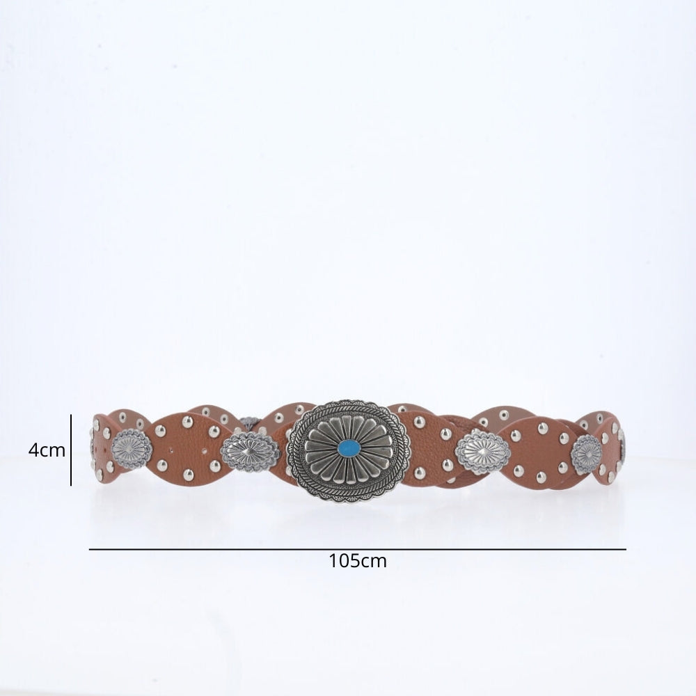Cinto Feminino de Couro com Fivela Western Metalizada e Aplicações  Caramelo