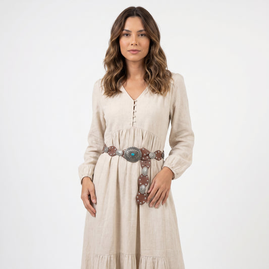 Cinto Feminino de Couro com Fivela Western Metalizada e Aplicações  Marrom