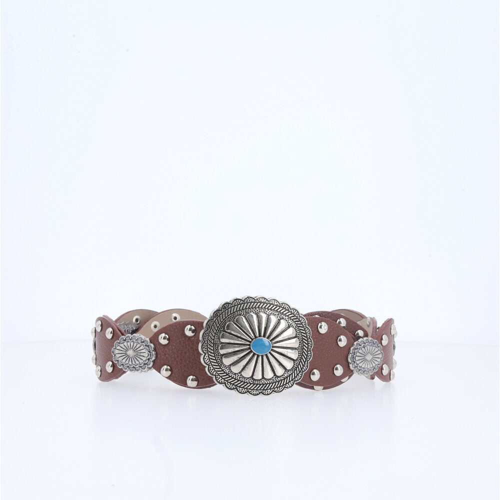 Cinto Feminino de Couro com Fivela Western Metalizada e Aplicações  Marrom