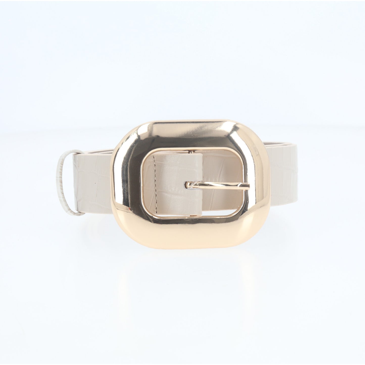 Cinto Feminino em Couro Croco com Fivela Metalizada Dourada Marfim