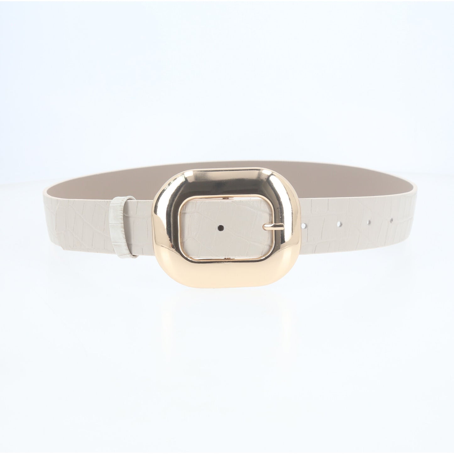 Cinto Feminino em Couro Croco com Fivela Metalizada Dourada Marfim