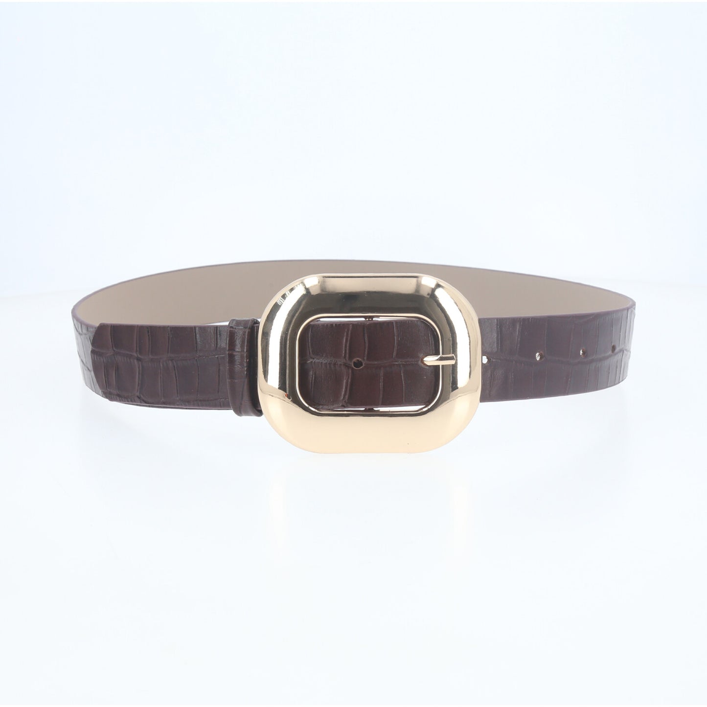 Cinto Feminino em Couro Croco com Fivela Metalizada Dourada Marrom