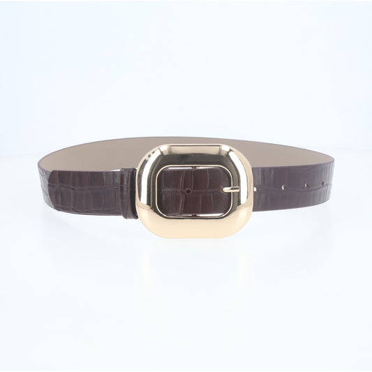 Cinto Feminino em Couro Croco com Fivela Metalizada Dourada Marrom