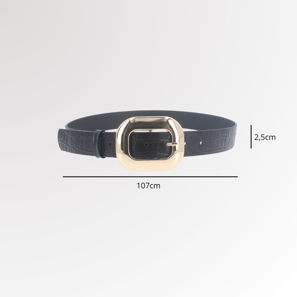 Cinto Feminino em Couro Croco com Fivela Metalizada Dourada Preto