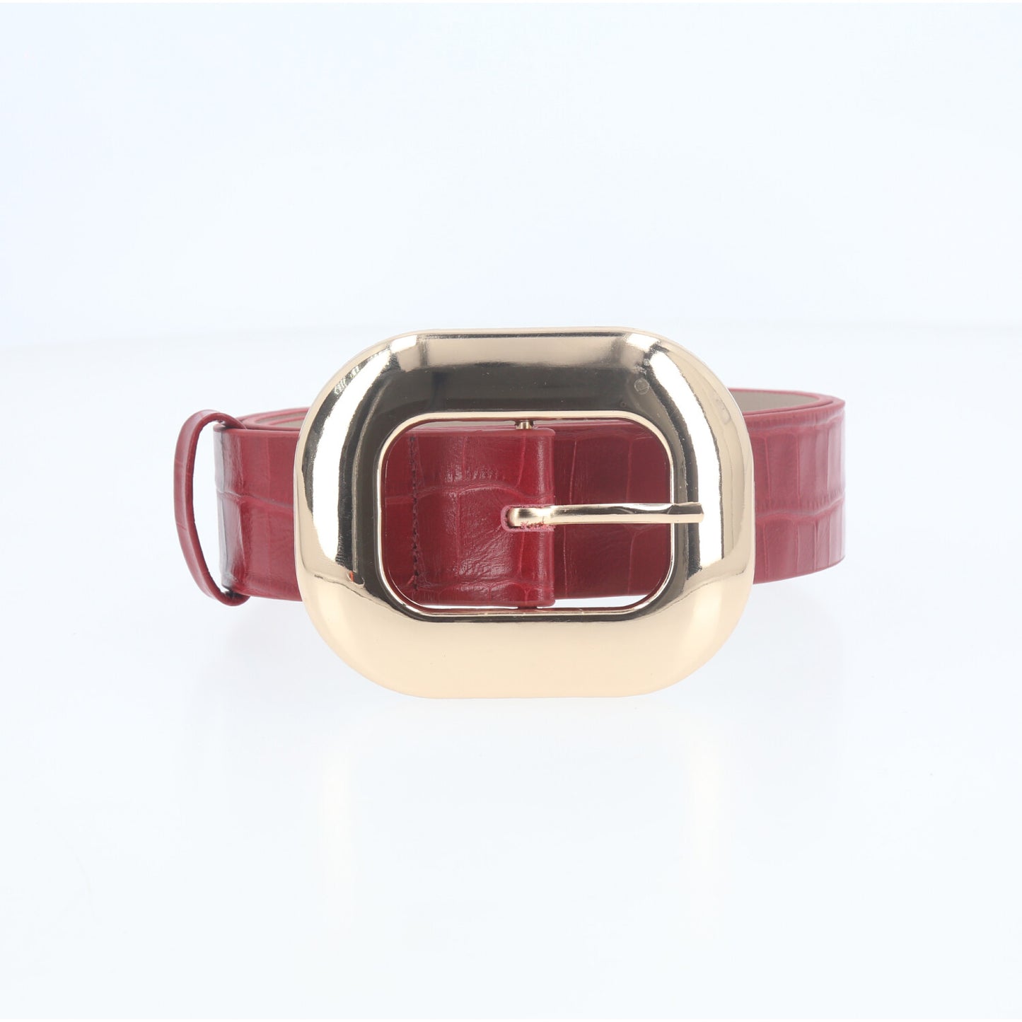 Cinto Feminino em Couro Croco com Fivela Metalizada Dourada Vinho