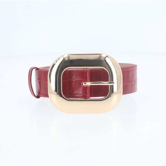 Cinto Feminino em Couro Croco com Fivela Metalizada Dourada Vinho