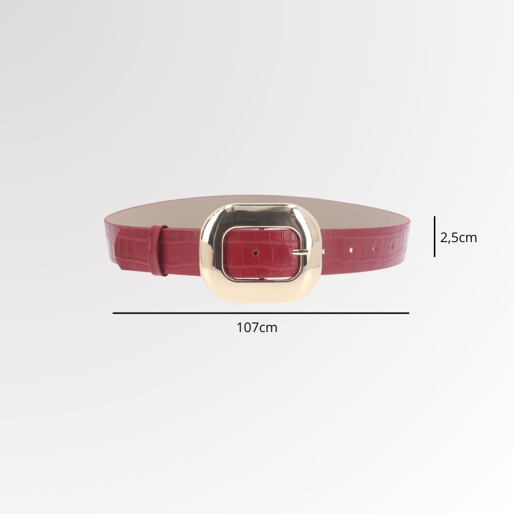 Cinto Feminino em Couro Croco com Fivela Metalizada Dourada Vinho