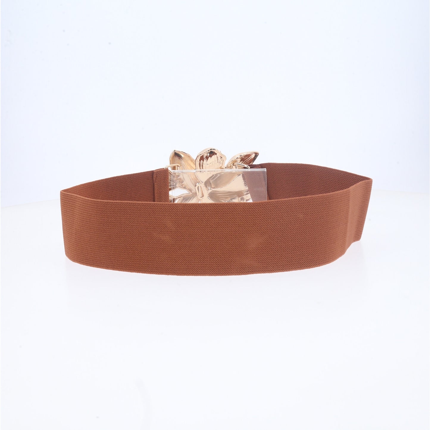 Cinto de Elástico com Fivela em Formato de Flor Metalizada Caramelo