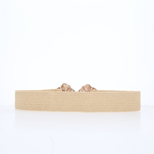 Cinto de Ráfia com Elástico e Fivela de Flor Metalizada Bege