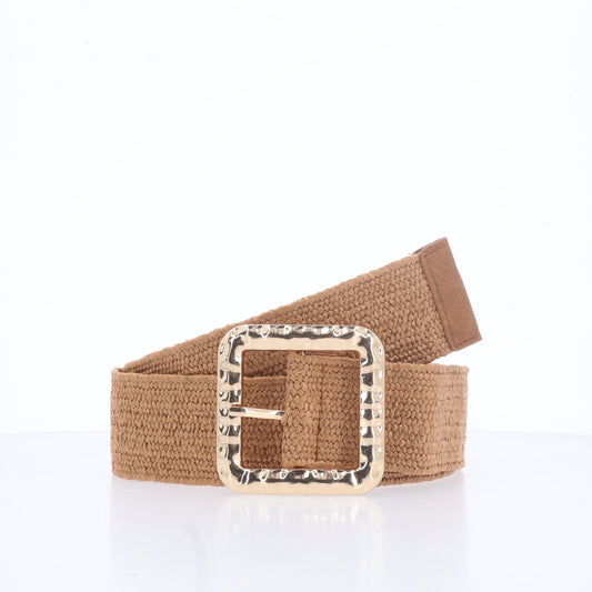 Cinto Feminino de Ráfia com Fivela Metalizada Caramelo