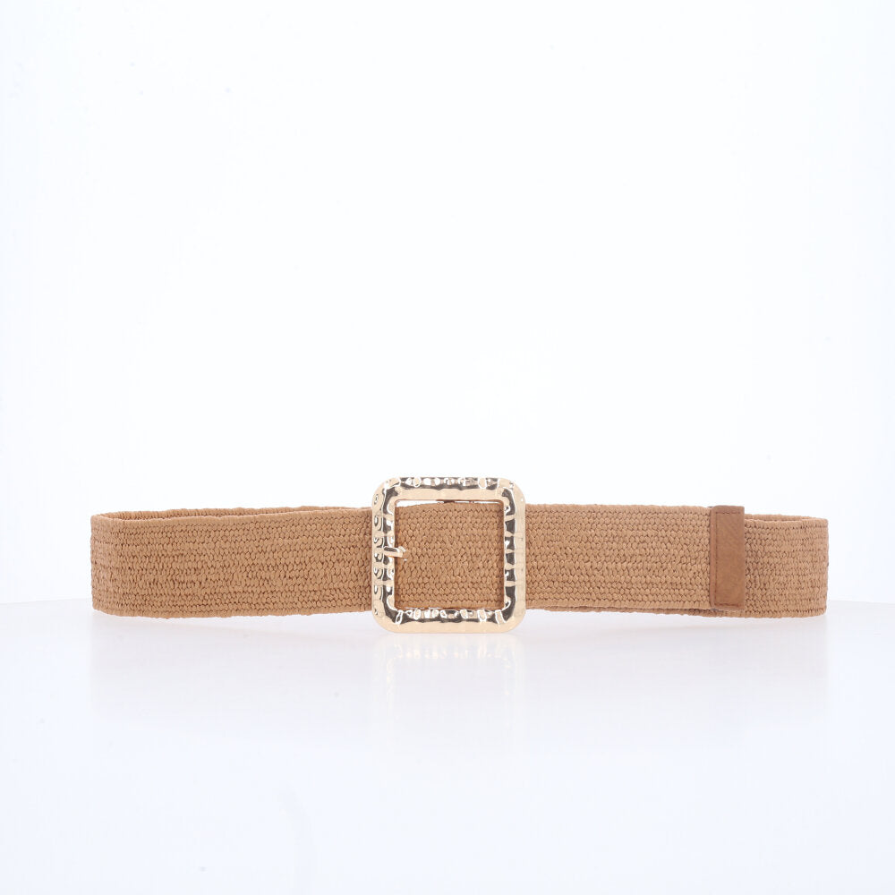 Cinto Feminino de Ráfia com Fivela Metalizada Caramelo